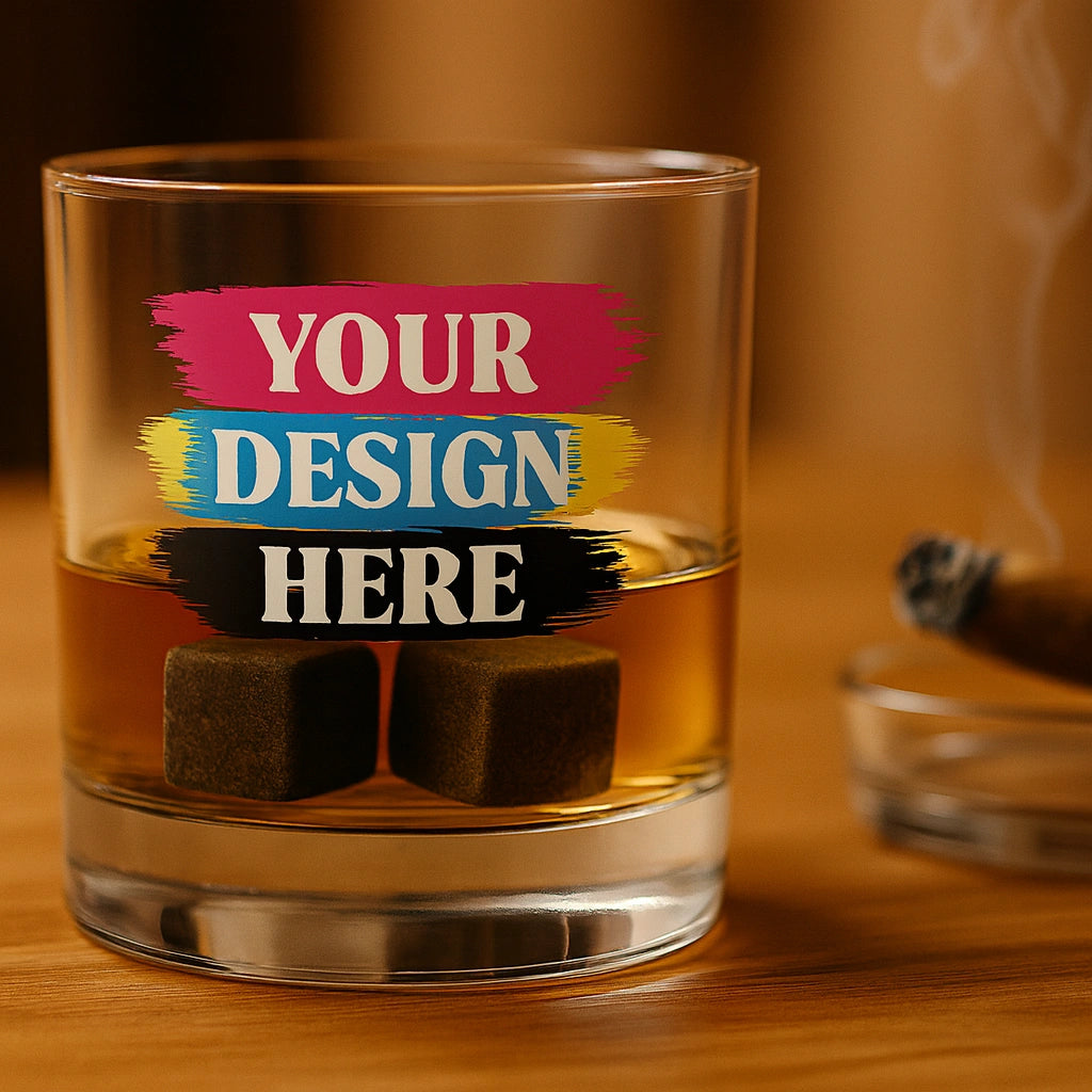 Clear glass with 'Your Design Here' text on a wooden surface with a blurred background