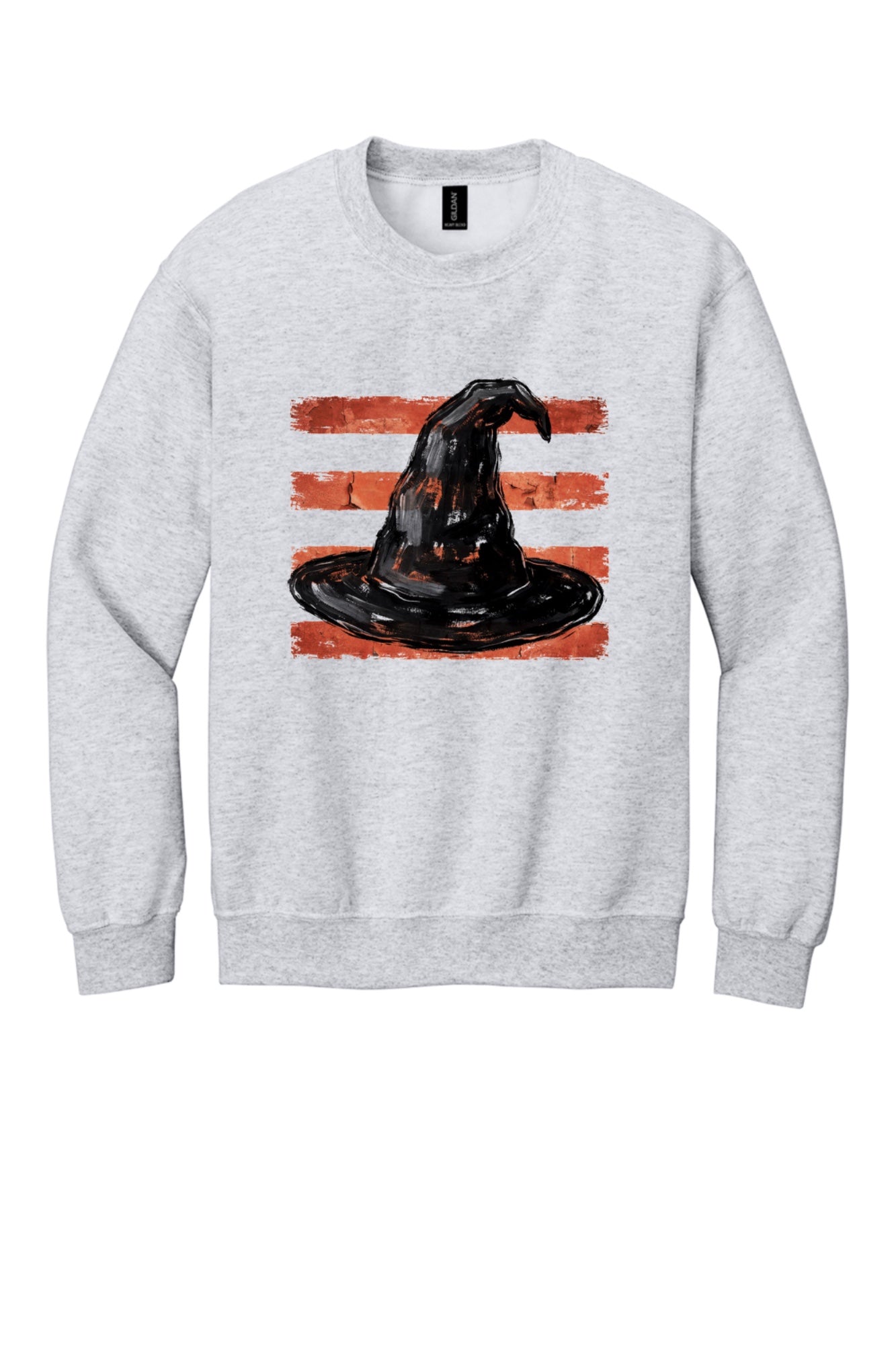 Black witch hat brushstroke art on rust red stripes Halloween crewneck sweatshirt, Gildan 18000 in Ash