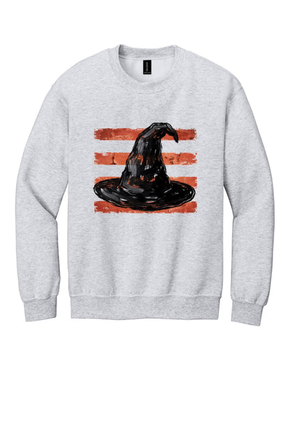 Black witch hat brushstroke art on rust red stripes Halloween crewneck sweatshirt, Gildan 18000 in Ash