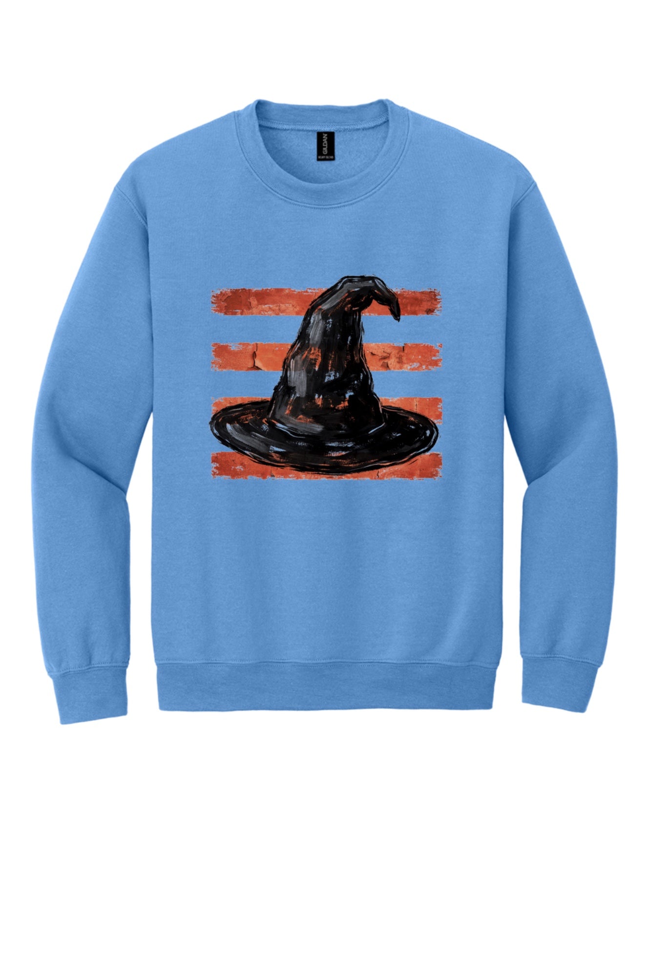 Black witch hat brushstroke art on rust red stripes Halloween crewneck sweatshirt, Gildan 18000 in Carolina Blue