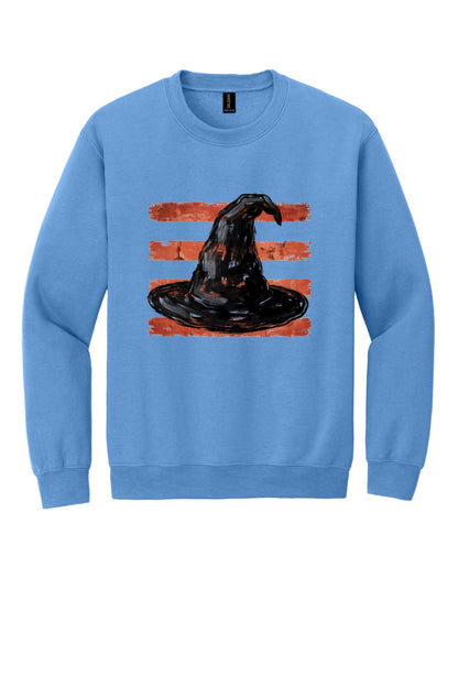 Black witch hat brushstroke art on rust red stripes Halloween crewneck sweatshirt, Gildan 18000 in Carolina Blue