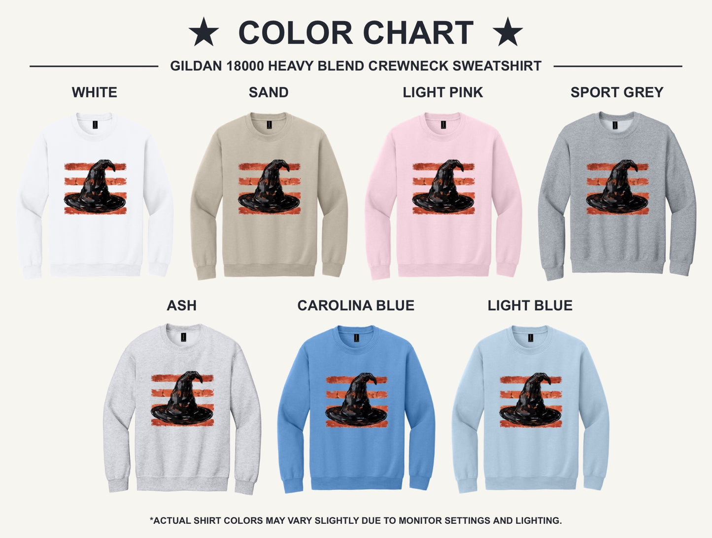 Black witch hat brushstroke art on rust red stripes Halloween crewneck sweatshirt, Gildan 18000 - available shirt colors chart