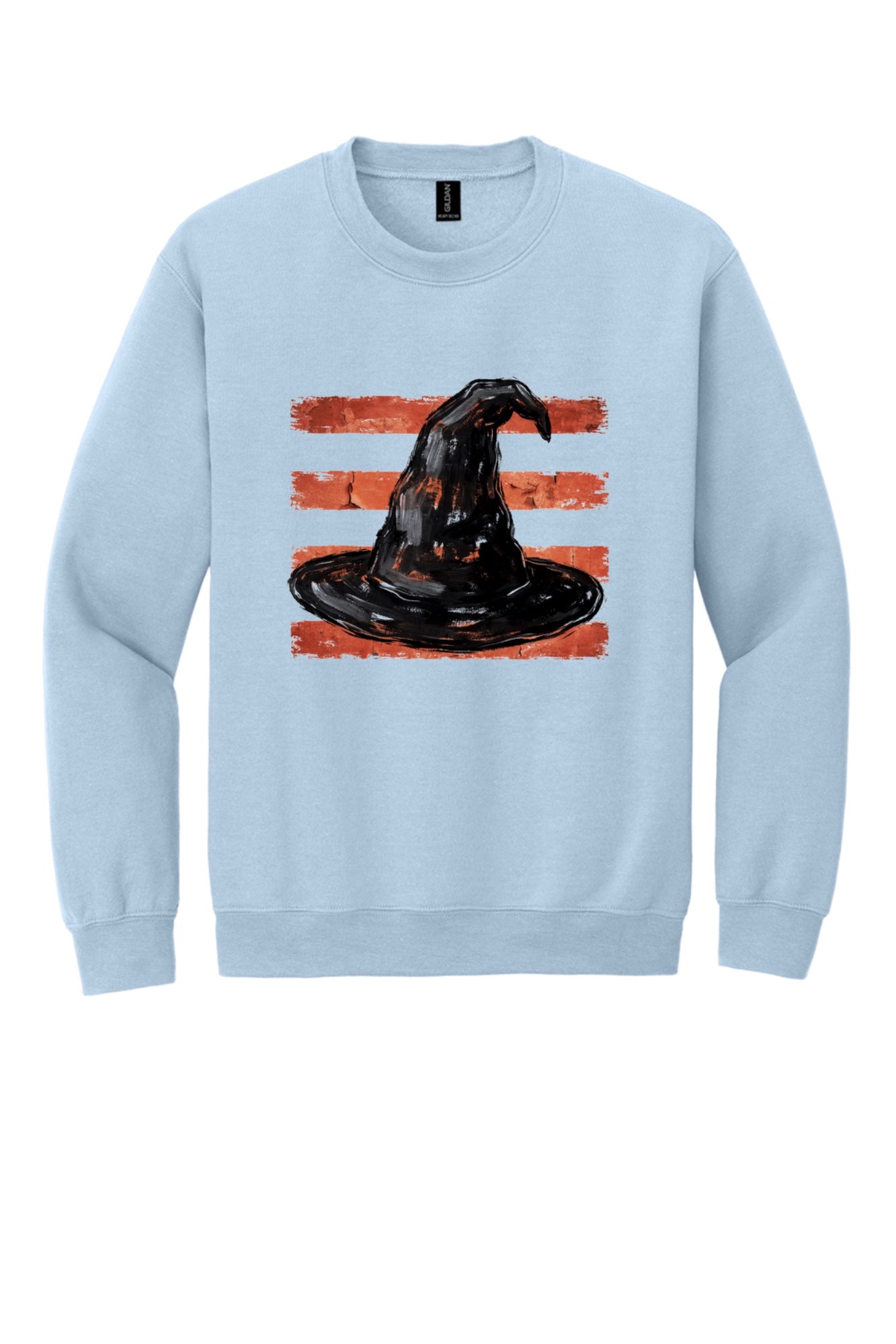 Black witch hat brushstroke art on rust red stripes Halloween crewneck sweatshirt, Gildan 18000 in Light Blue
