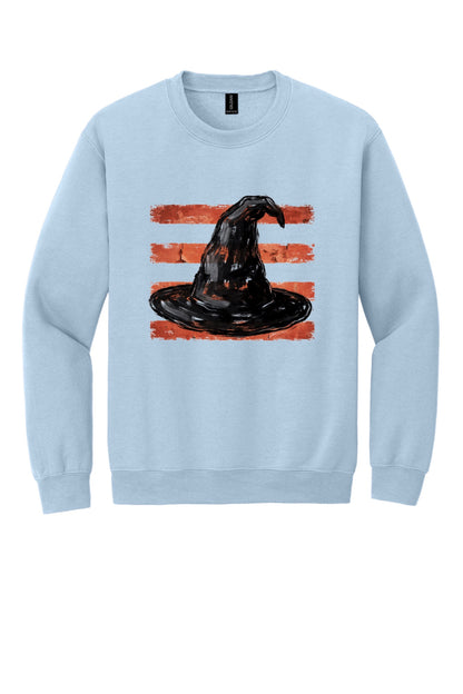 Black witch hat brushstroke art on rust red stripes Halloween crewneck sweatshirt, Gildan 18000 in Light Blue