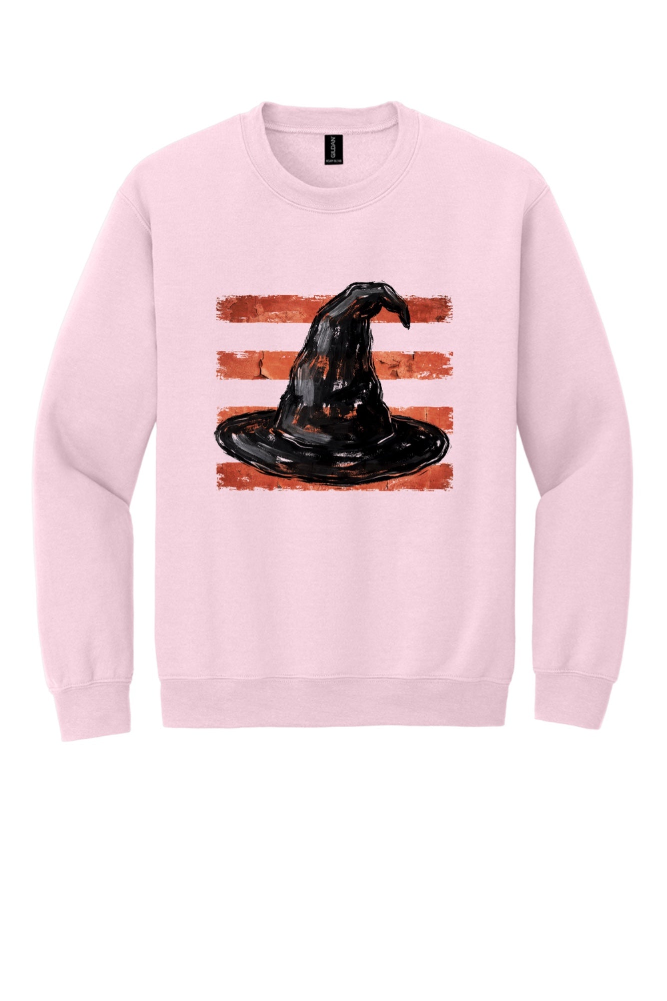 Black witch hat brushstroke art on rust red stripes Halloween crewneck sweatshirt, Gildan 18000 in Light Pink