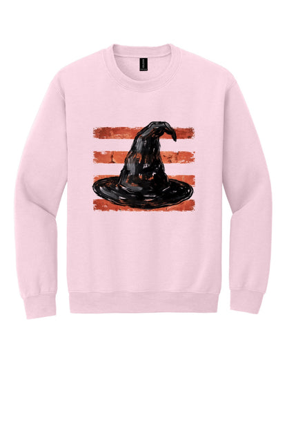 Black witch hat brushstroke art on rust red stripes Halloween crewneck sweatshirt, Gildan 18000 in Light Pink