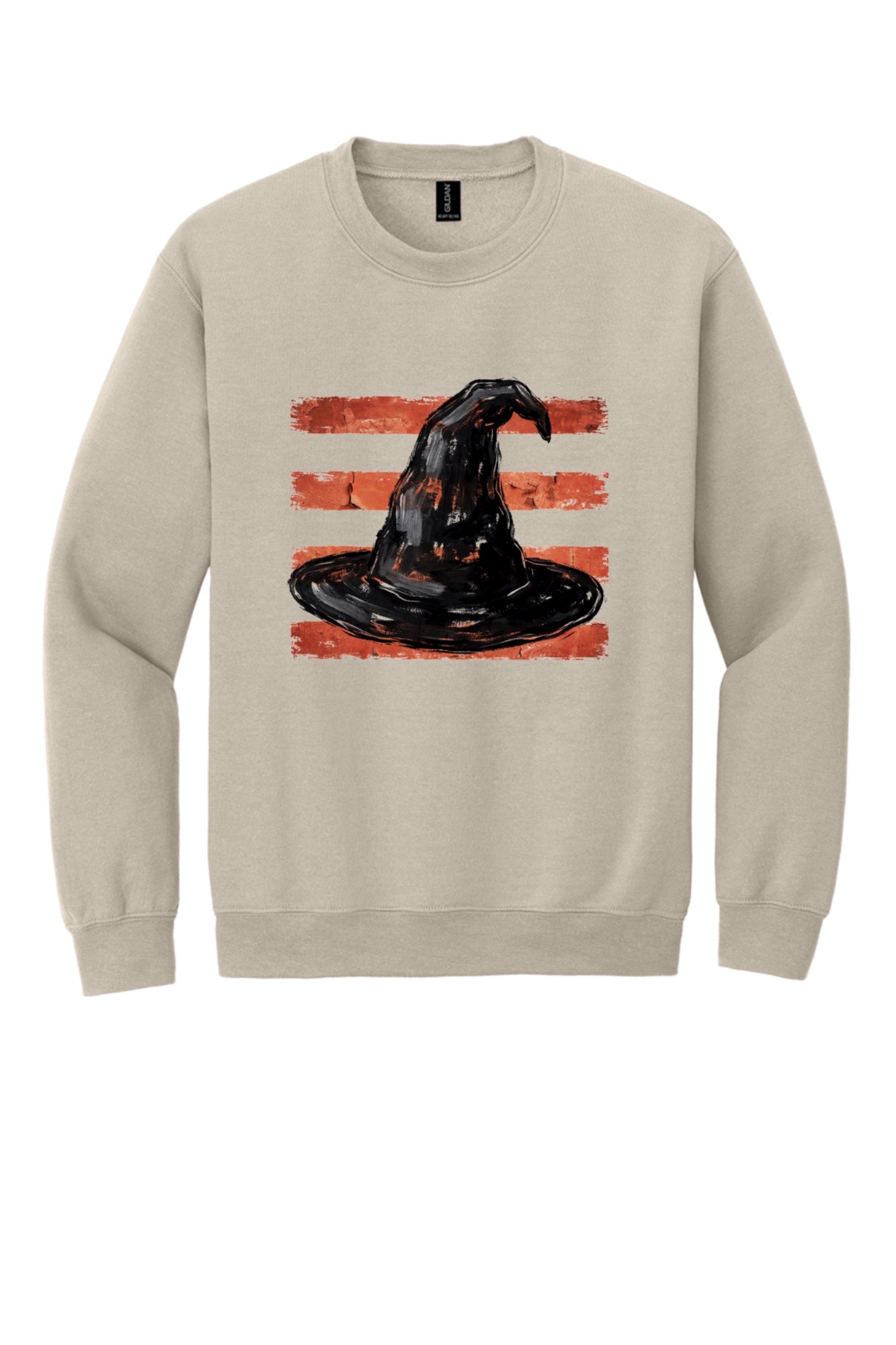 Black witch hat brushstroke art on rust red stripes Halloween crewneck sweatshirt, Gildan 18000 in Sand