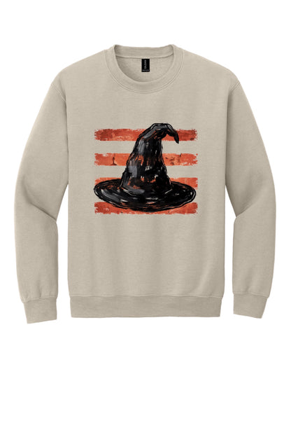 Black witch hat brushstroke art on rust red stripes Halloween crewneck sweatshirt, Gildan 18000 in Sand