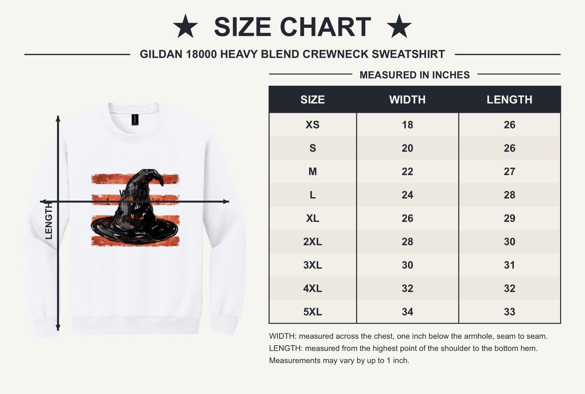 Black witch hat brushstroke art on rust red stripes Halloween crewneck sweatshirt, Gildan 18000 - size chart