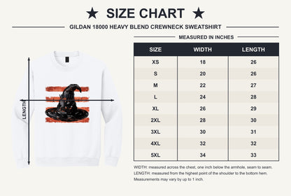 Black witch hat brushstroke art on rust red stripes Halloween crewneck sweatshirt, Gildan 18000 - size chart