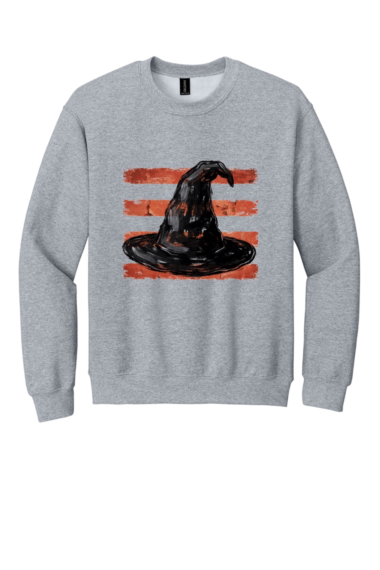 Black witch hat brushstroke art on rust red stripes Halloween crewneck sweatshirt, Gildan 18000 in Sport Grey