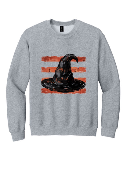 Black witch hat brushstroke art on rust red stripes Halloween crewneck sweatshirt, Gildan 18000 in Sport Grey