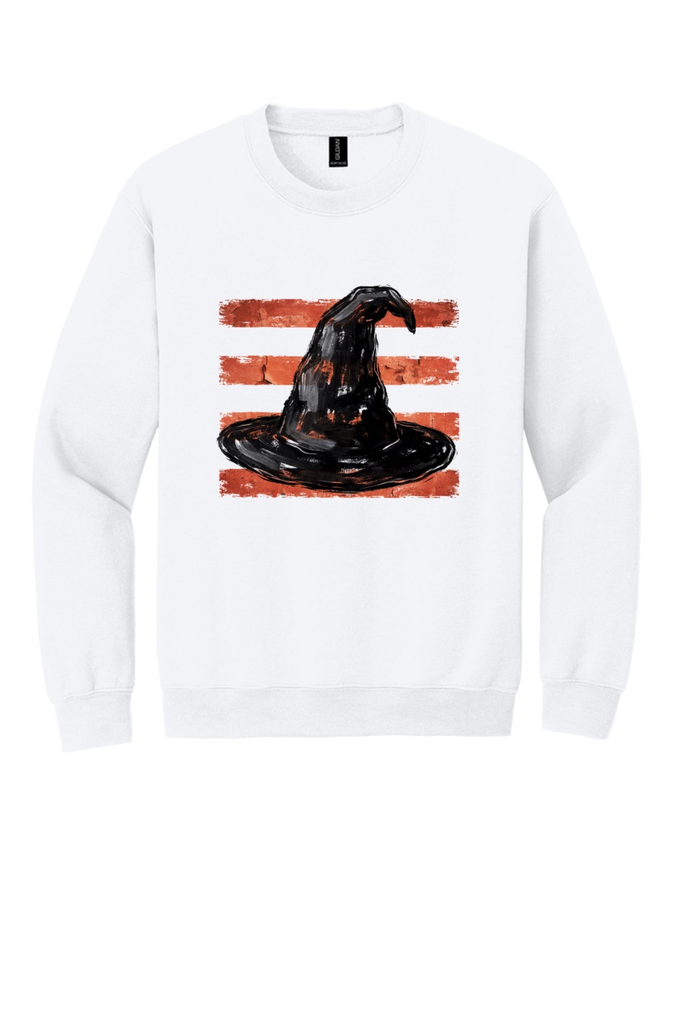 Black witch hat brushstroke art on rust red stripes Halloween crewneck sweatshirt, Gildan 18000 in White