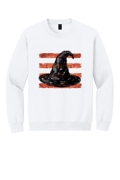 Black witch hat brushstroke art on rust red stripes Halloween crewneck sweatshirt, Gildan 18000 in White