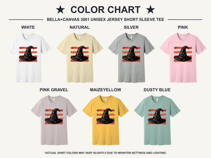 Black brushstroke witch hat on burnt-orange stripe Halloween graphic tee, DTF print, unisex cotton - available shirt colors chart