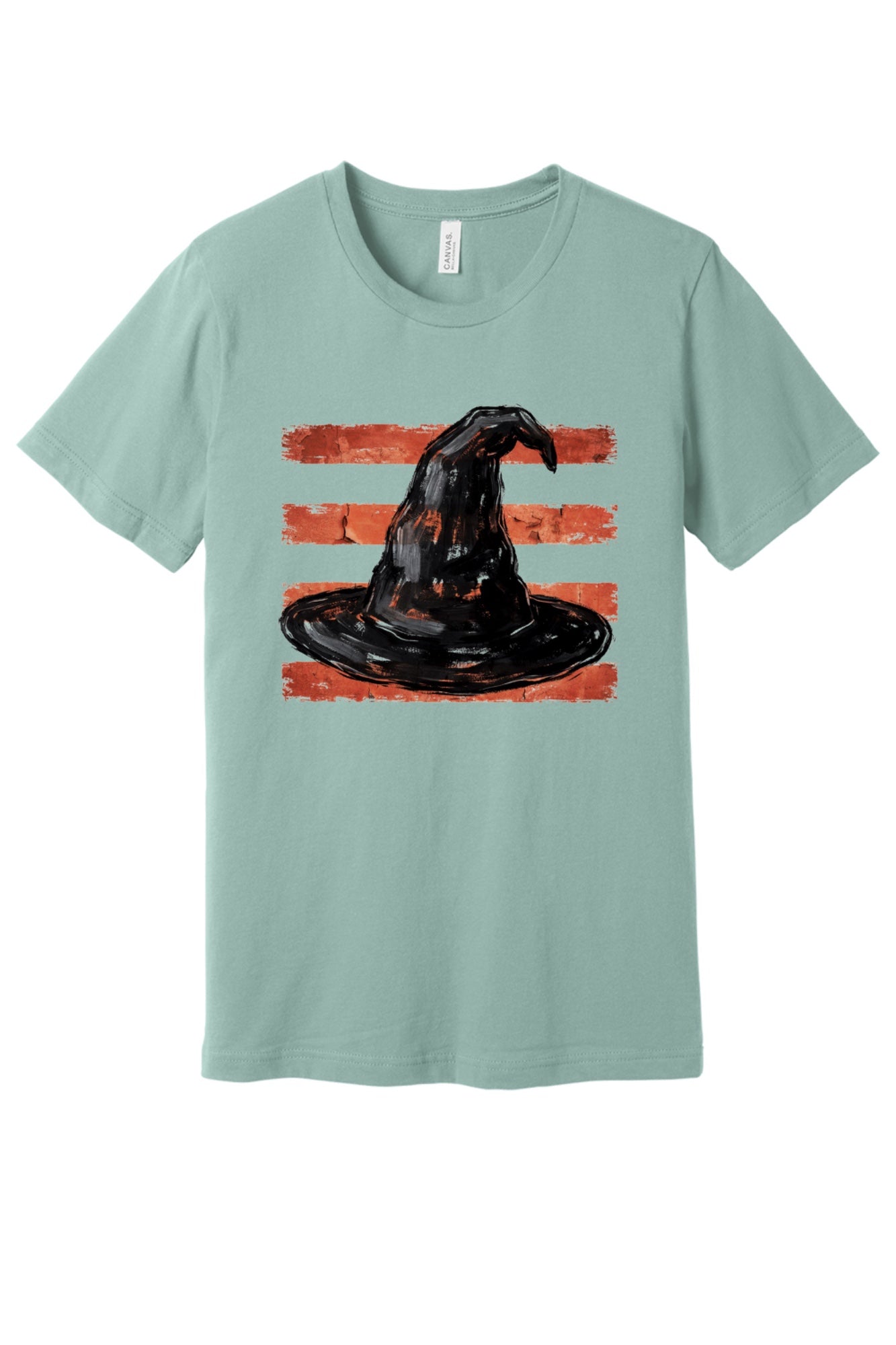 Black brushstroke witch hat on burnt-orange stripe Halloween graphic tee, DTF print, unisex cotton in Dusty Blue