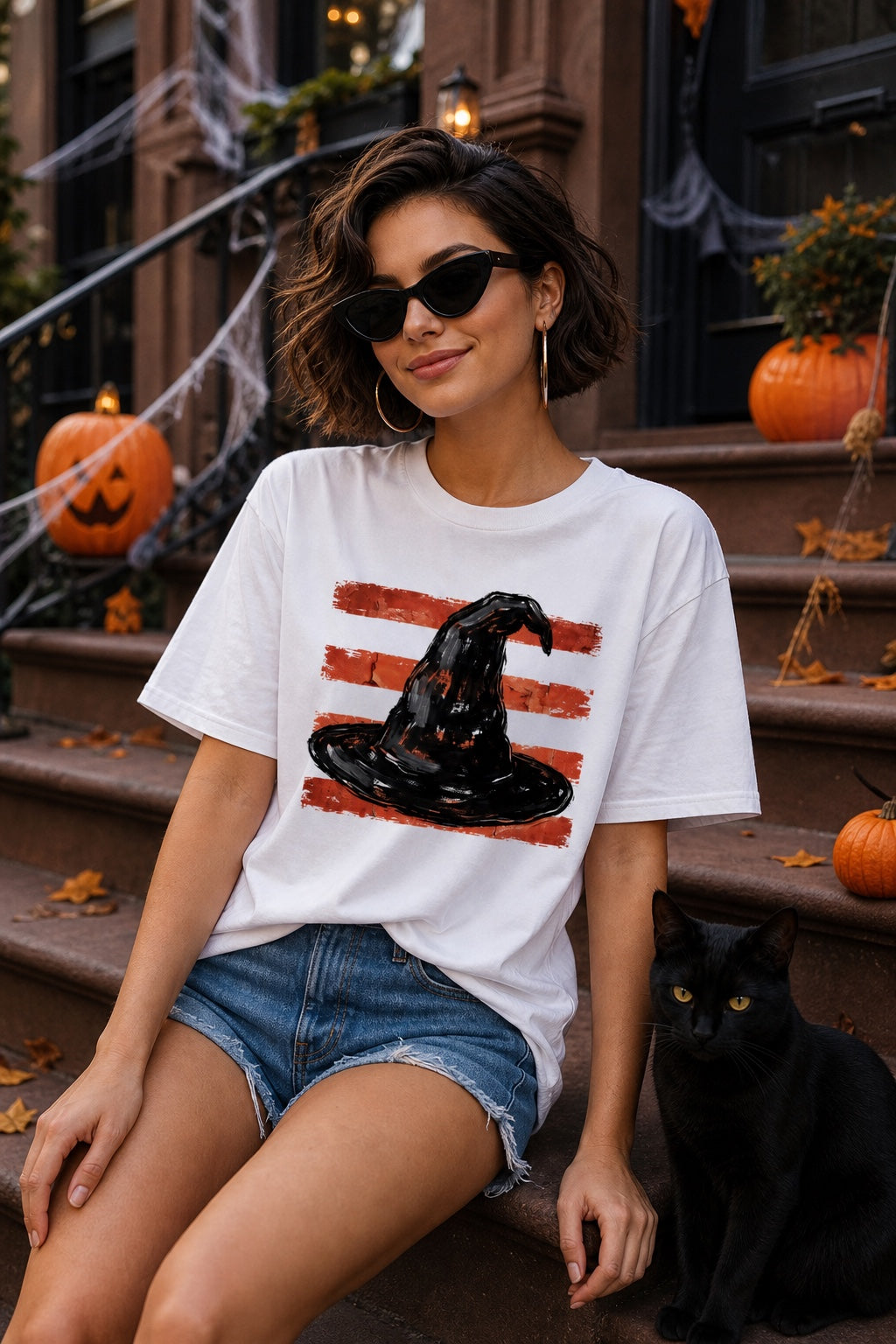 Black brushstroke witch hat on burnt-orange stripe Halloween graphic tee, DTF print, unisex cotton worn by a model