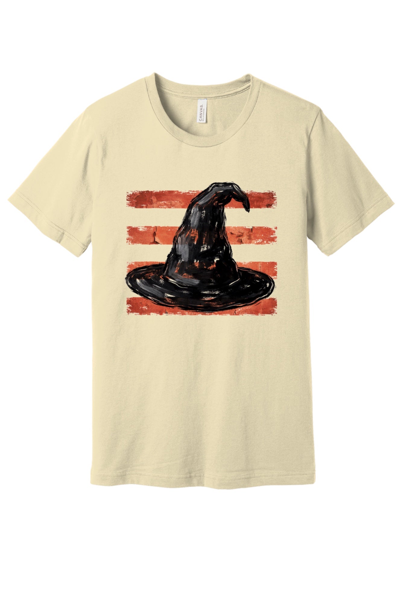 Black brushstroke witch hat on burnt-orange stripe Halloween graphic tee, DTF print, unisex cotton in Natural