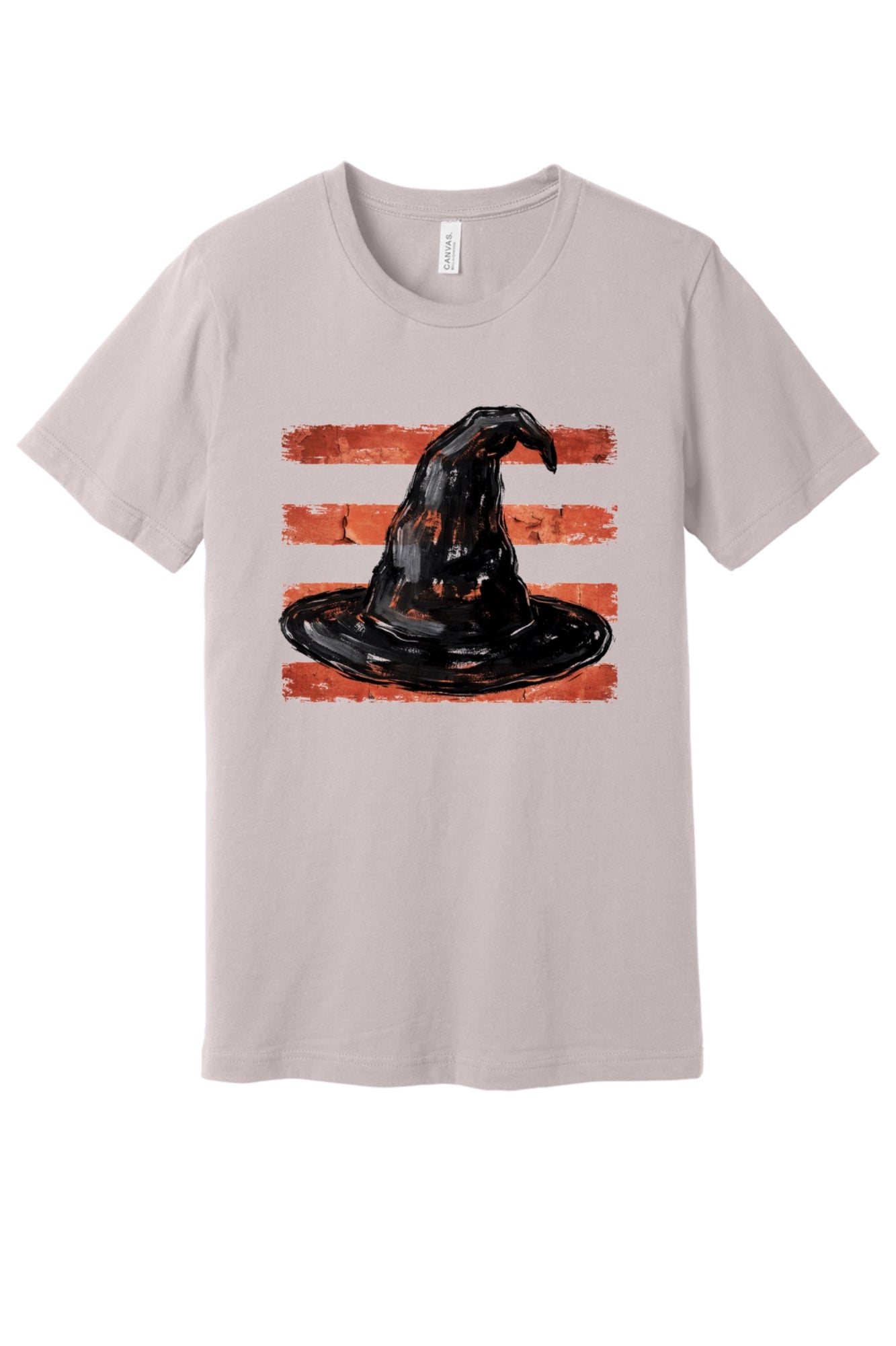 Black brushstroke witch hat on burnt-orange stripe Halloween graphic tee, DTF print, unisex cotton in Pink Gravel
