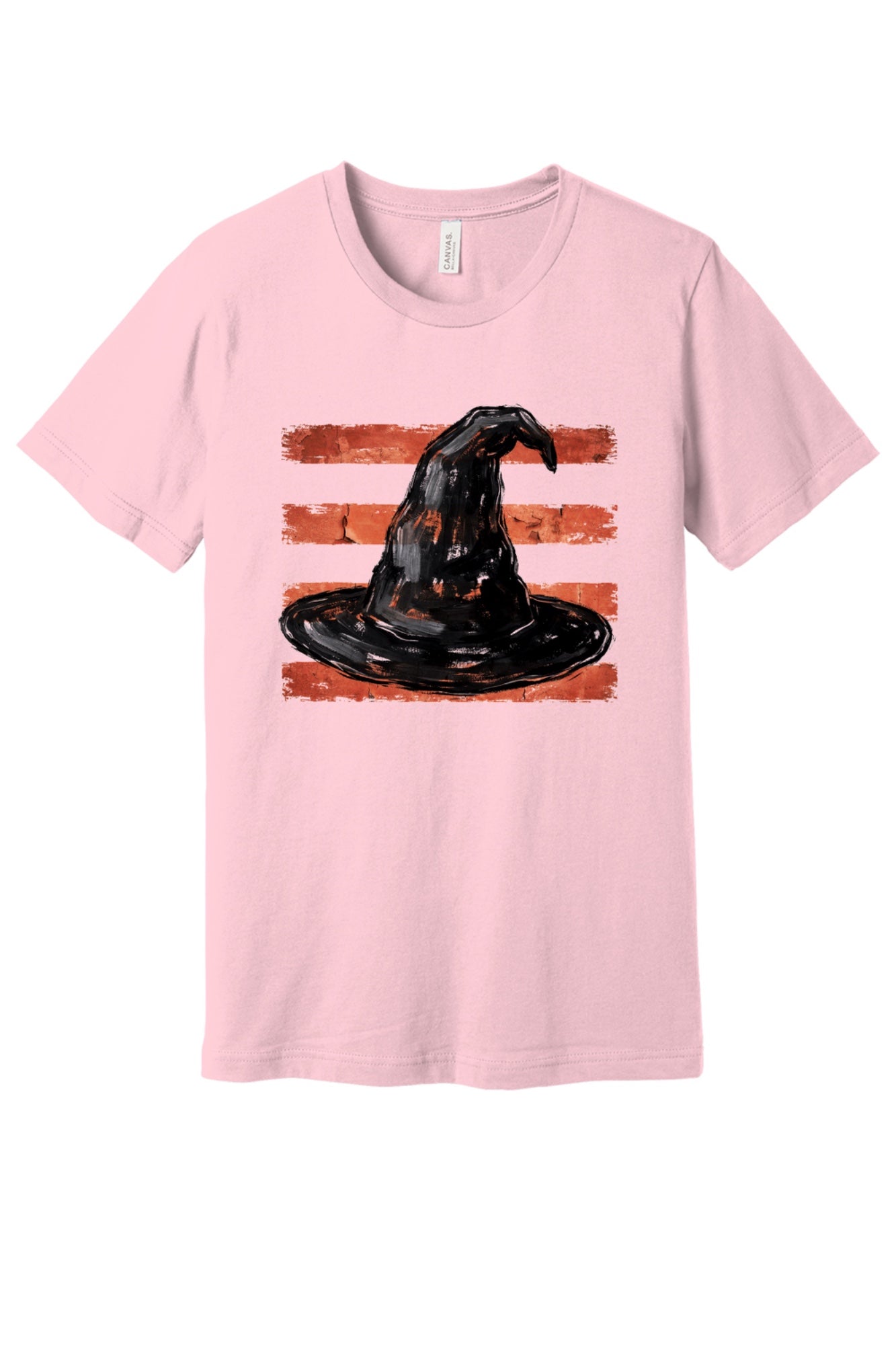 Black brushstroke witch hat on burnt-orange stripe Halloween graphic tee, DTF print, unisex cotton in Pink