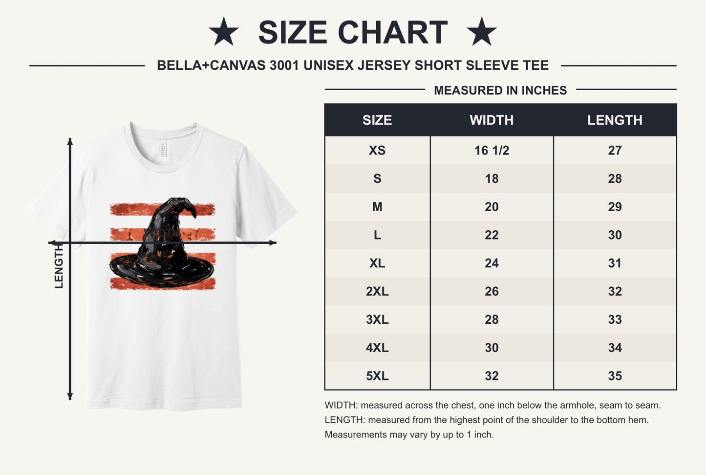 Black brushstroke witch hat on burnt-orange stripe Halloween graphic tee, DTF print, unisex cotton - size chart