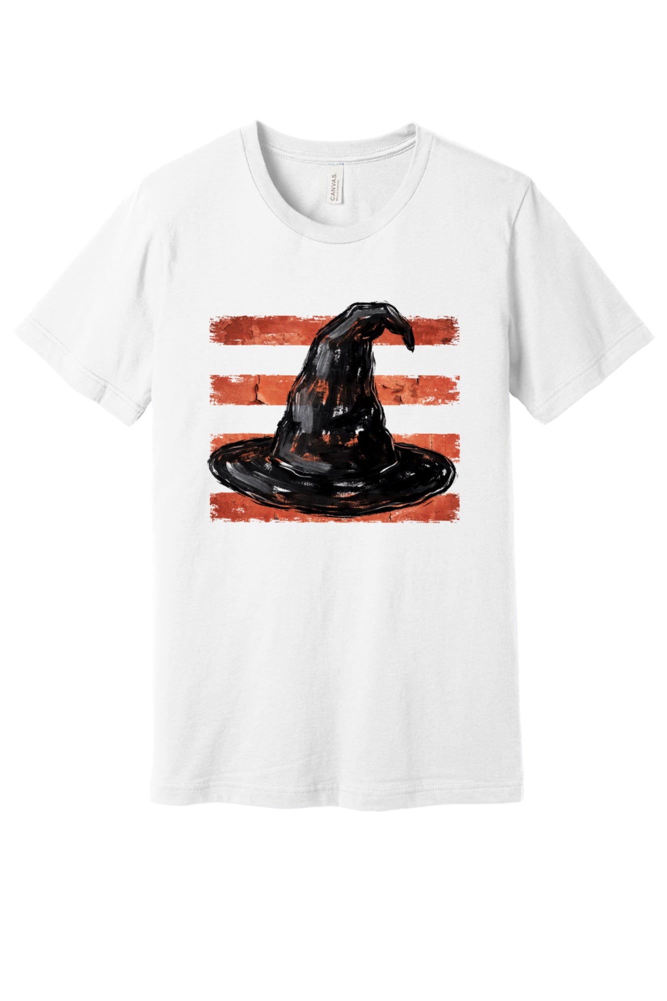 Black brushstroke witch hat on burnt-orange stripe Halloween graphic tee, DTF print, unisex cotton in White
