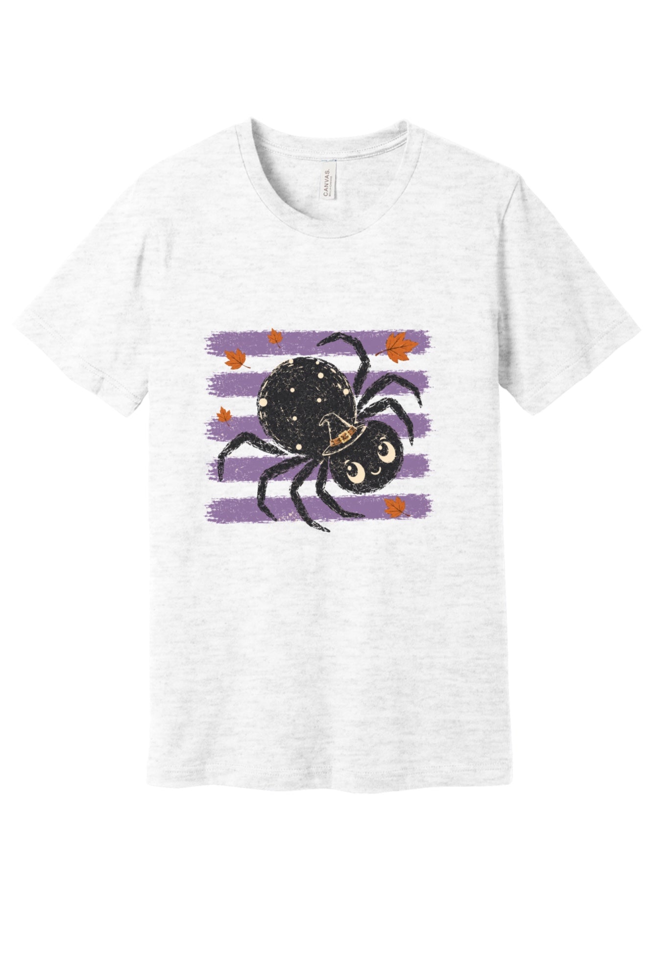 Cute black witch hat spider Halloween graphic printed on unisex short sleeve tee, purple stripe autumn leaves design in Ash