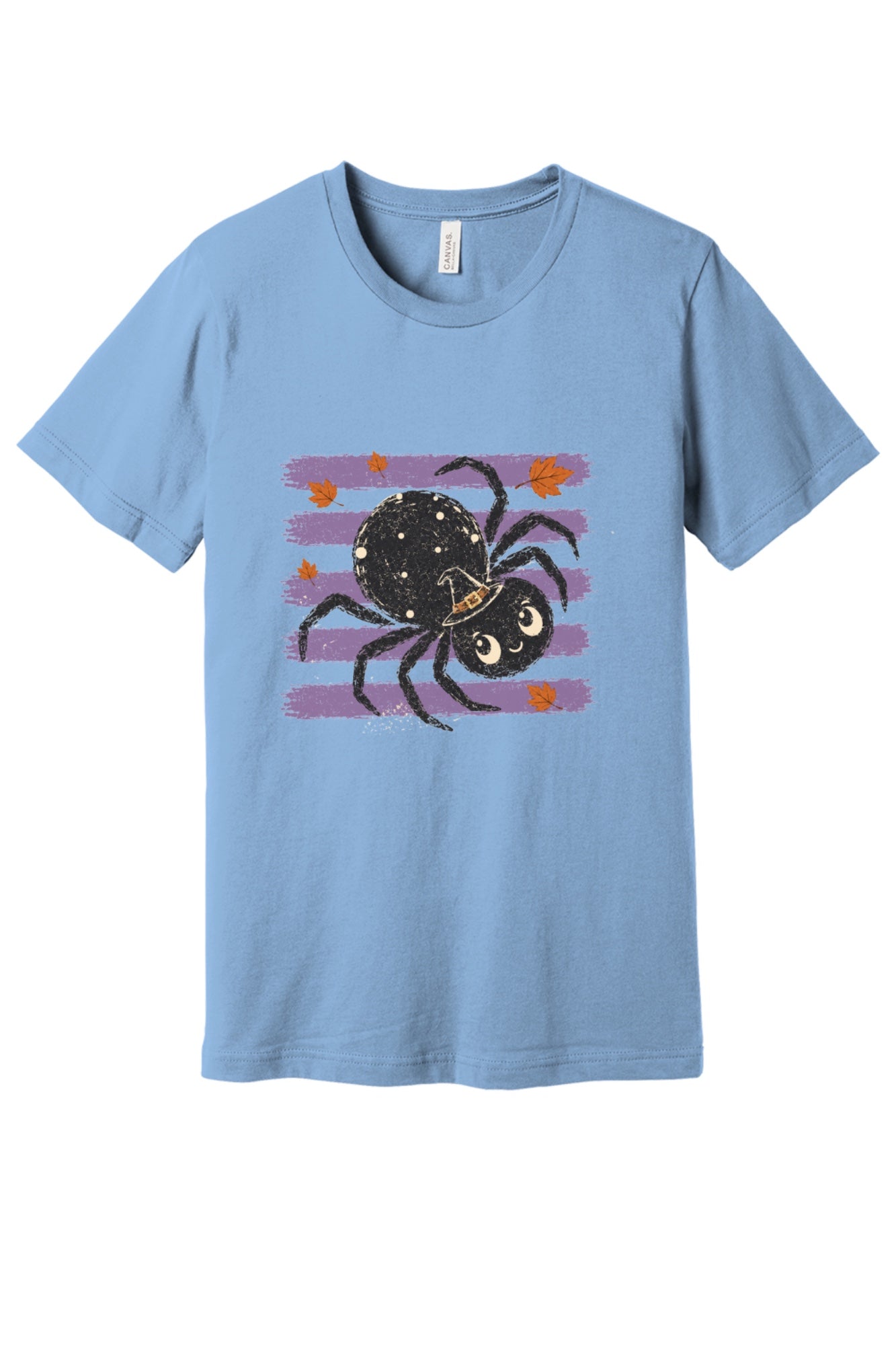 Cute black witch hat spider Halloween graphic printed on unisex short sleeve tee, purple stripe autumn leaves design in Babyblue