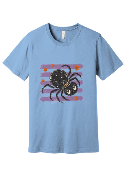 Cute black witch hat spider Halloween graphic printed on unisex short sleeve tee, purple stripe autumn leaves design in Babyblue