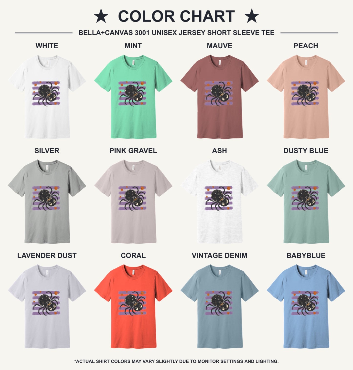 Cute black witch hat spider Halloween graphic printed on unisex short sleeve tee, purple stripe autumn leaves design - available shirt colors chart