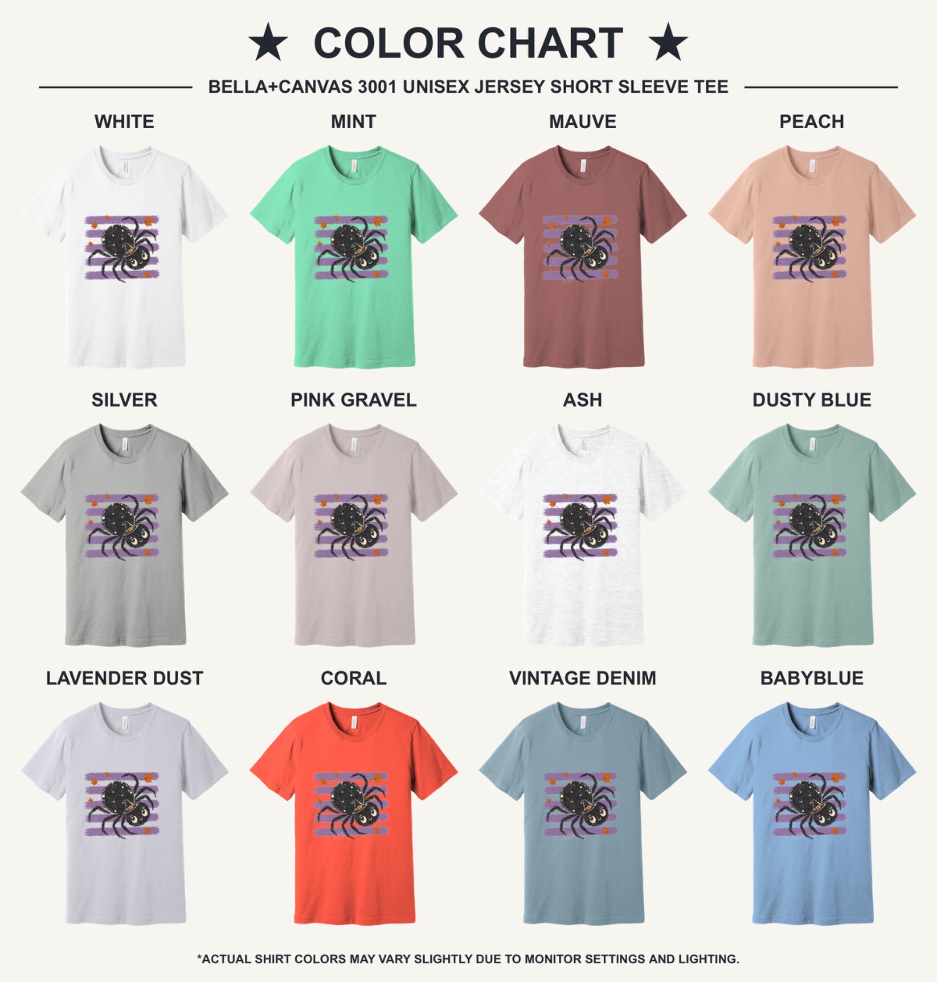 Cute black witch hat spider Halloween graphic printed on unisex short sleeve tee, purple stripe autumn leaves design - available shirt colors chart