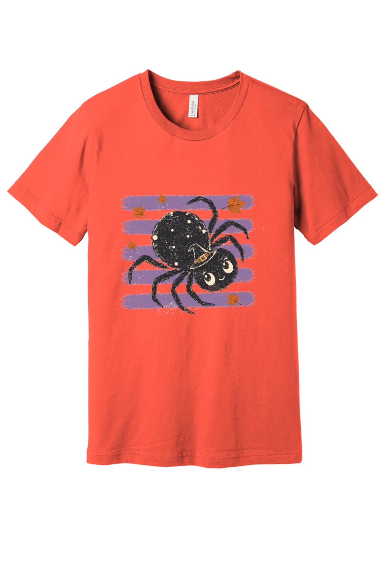 Cute black witch hat spider Halloween graphic printed on unisex short sleeve tee, purple stripe autumn leaves design in Coral
