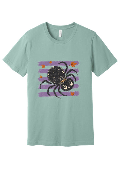 Cute black witch hat spider Halloween graphic printed on unisex short sleeve tee, purple stripe autumn leaves design in Dusty Blue