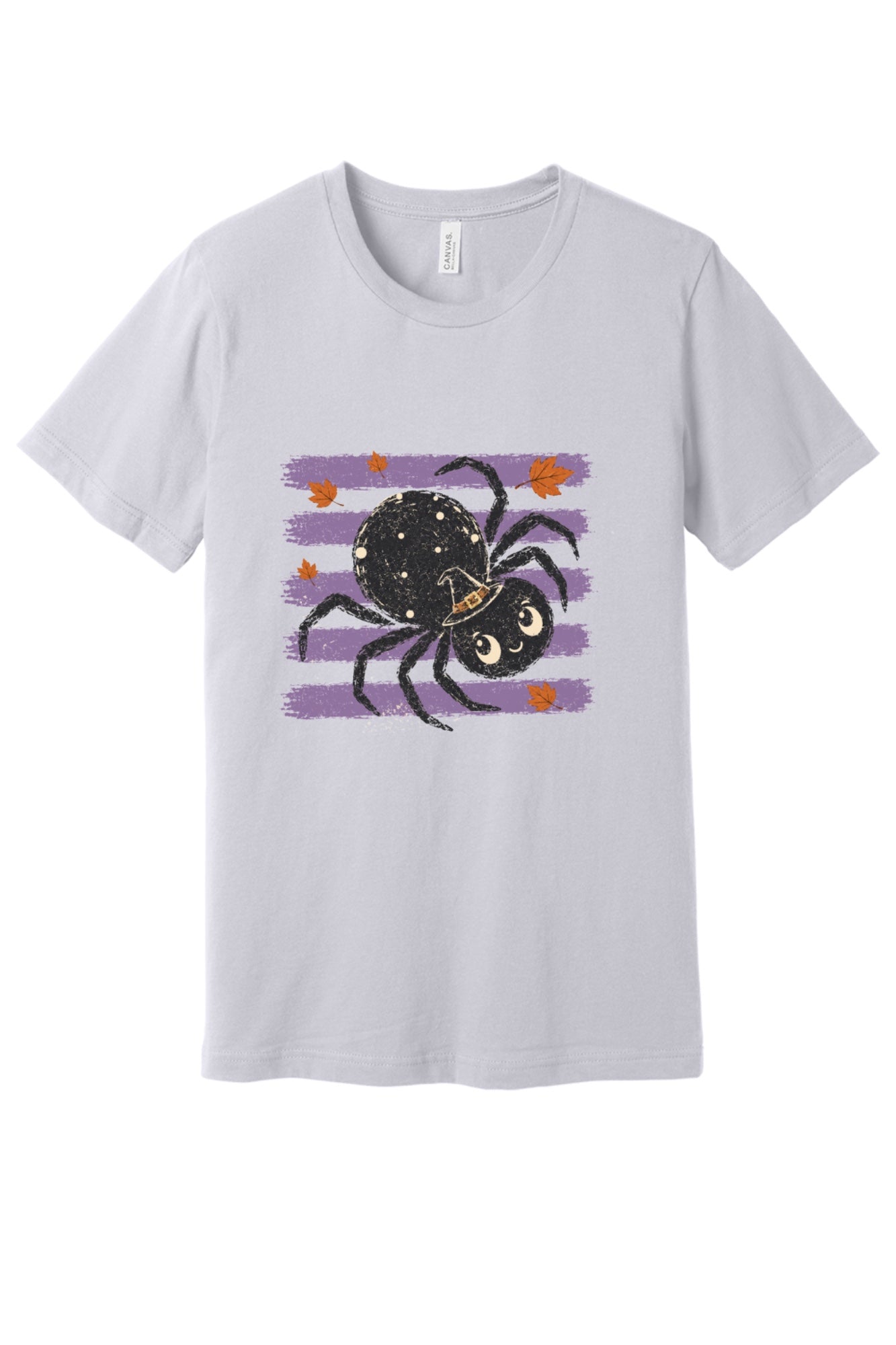 Cute black witch hat spider Halloween graphic printed on unisex short sleeve tee, purple stripe autumn leaves design in Lavender Dust