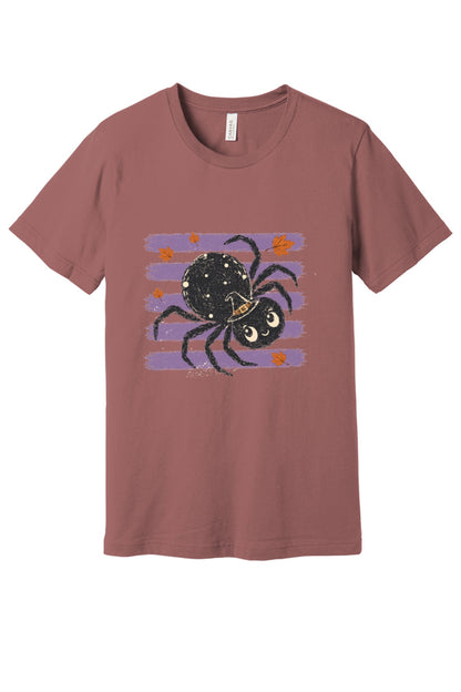 Cute black witch hat spider Halloween graphic printed on unisex short sleeve tee, purple stripe autumn leaves design in Mauve