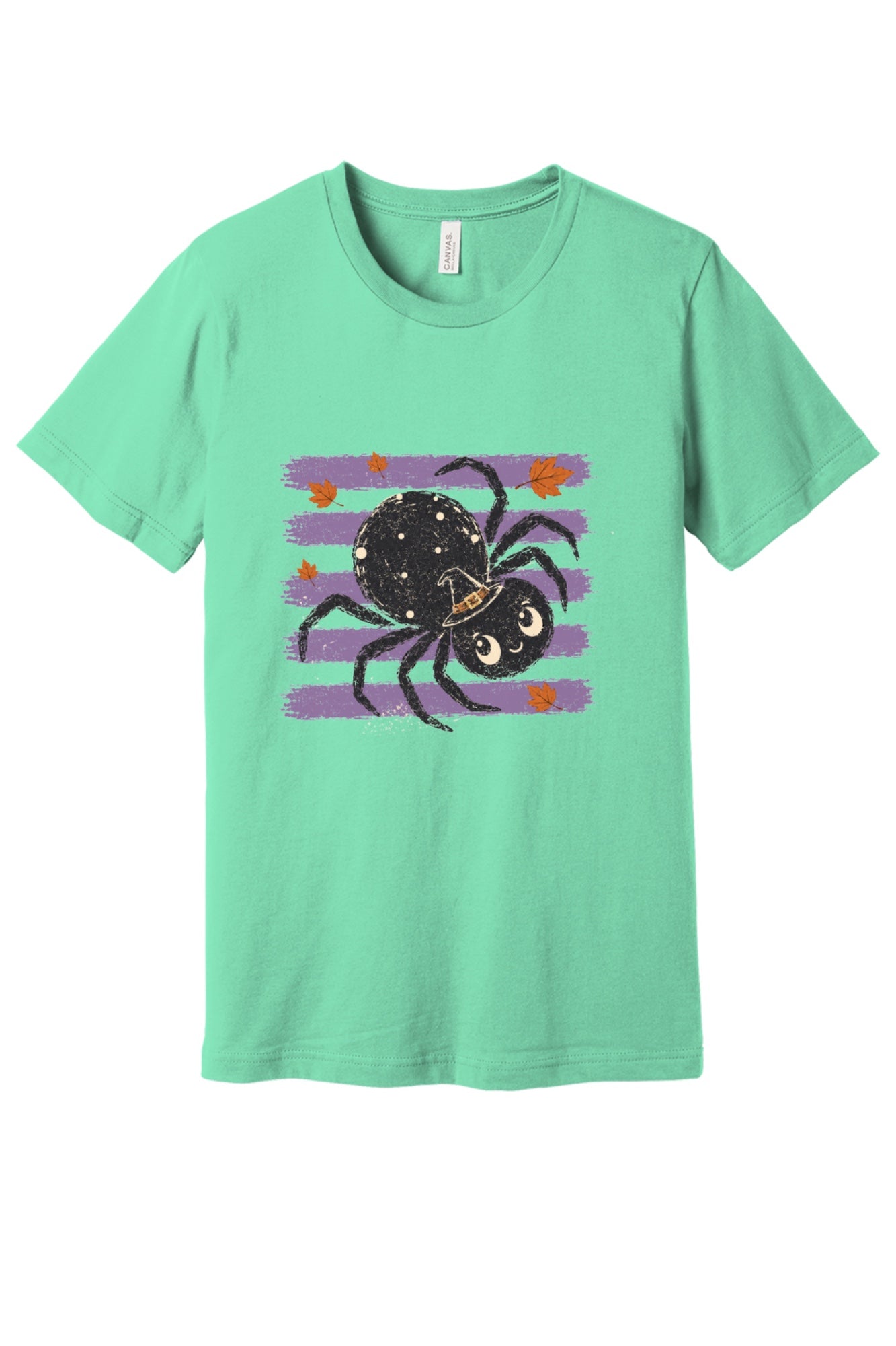 Cute black witch hat spider Halloween graphic printed on unisex short sleeve tee, purple stripe autumn leaves design in Mint