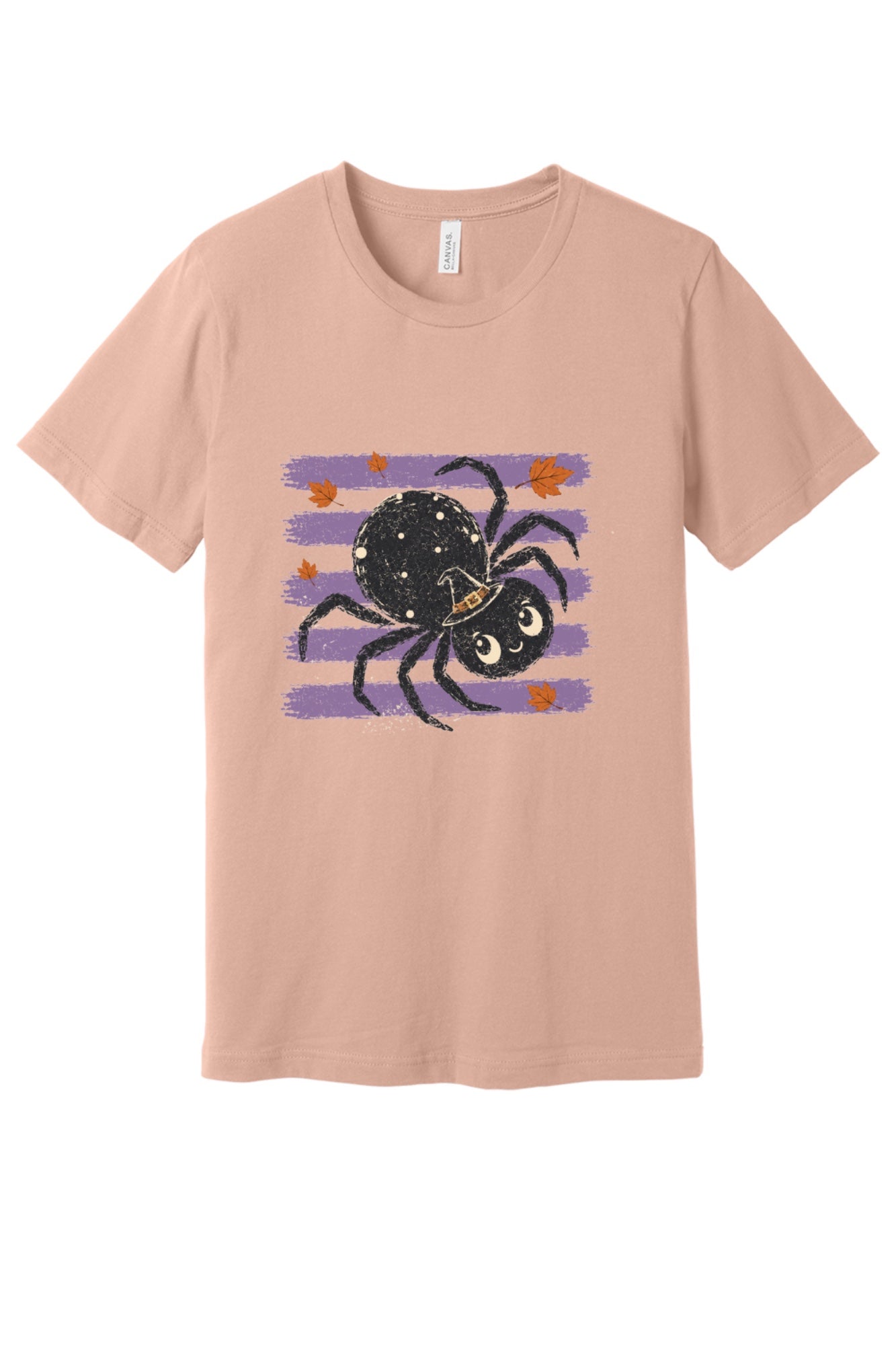 Cute black witch hat spider Halloween graphic printed on unisex short sleeve tee, purple stripe autumn leaves design in Peach