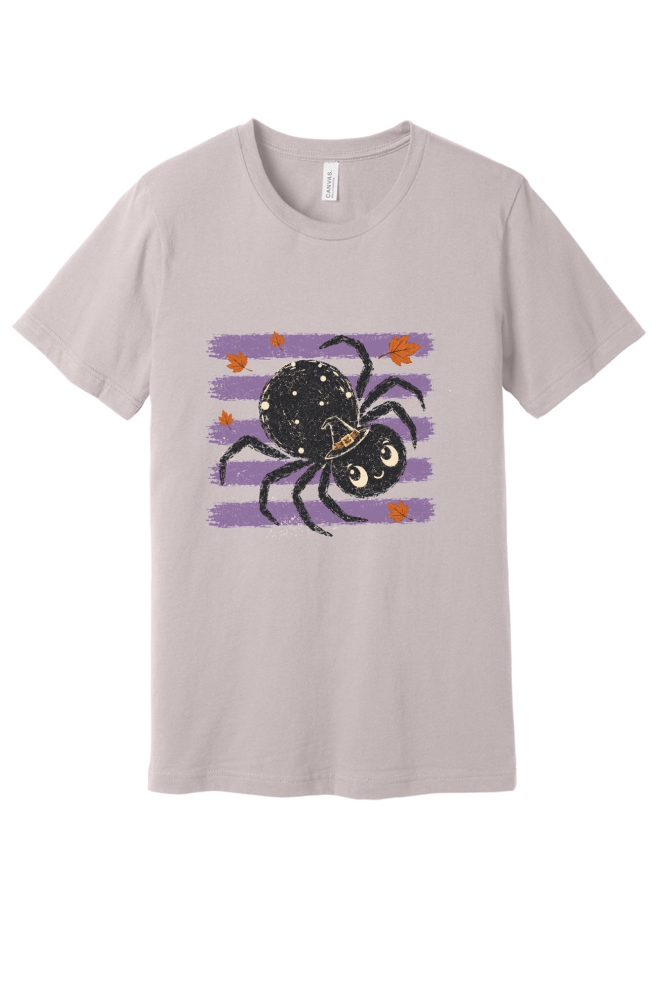 Cute black witch hat spider Halloween graphic printed on unisex short sleeve tee, purple stripe autumn leaves design in Pink Gravel