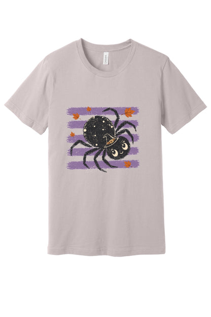 Cute black witch hat spider Halloween graphic printed on unisex short sleeve tee, purple stripe autumn leaves design in Pink Gravel