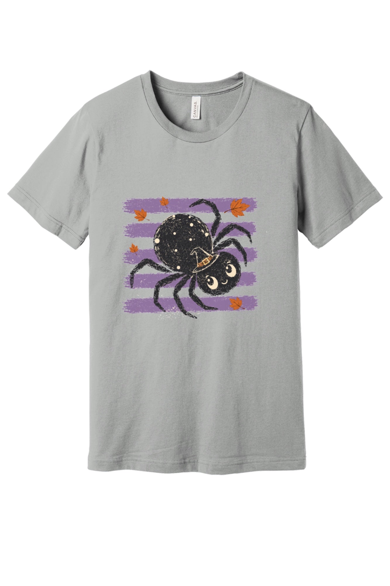 Cute black witch hat spider Halloween graphic printed on unisex short sleeve tee, purple stripe autumn leaves design in Silver