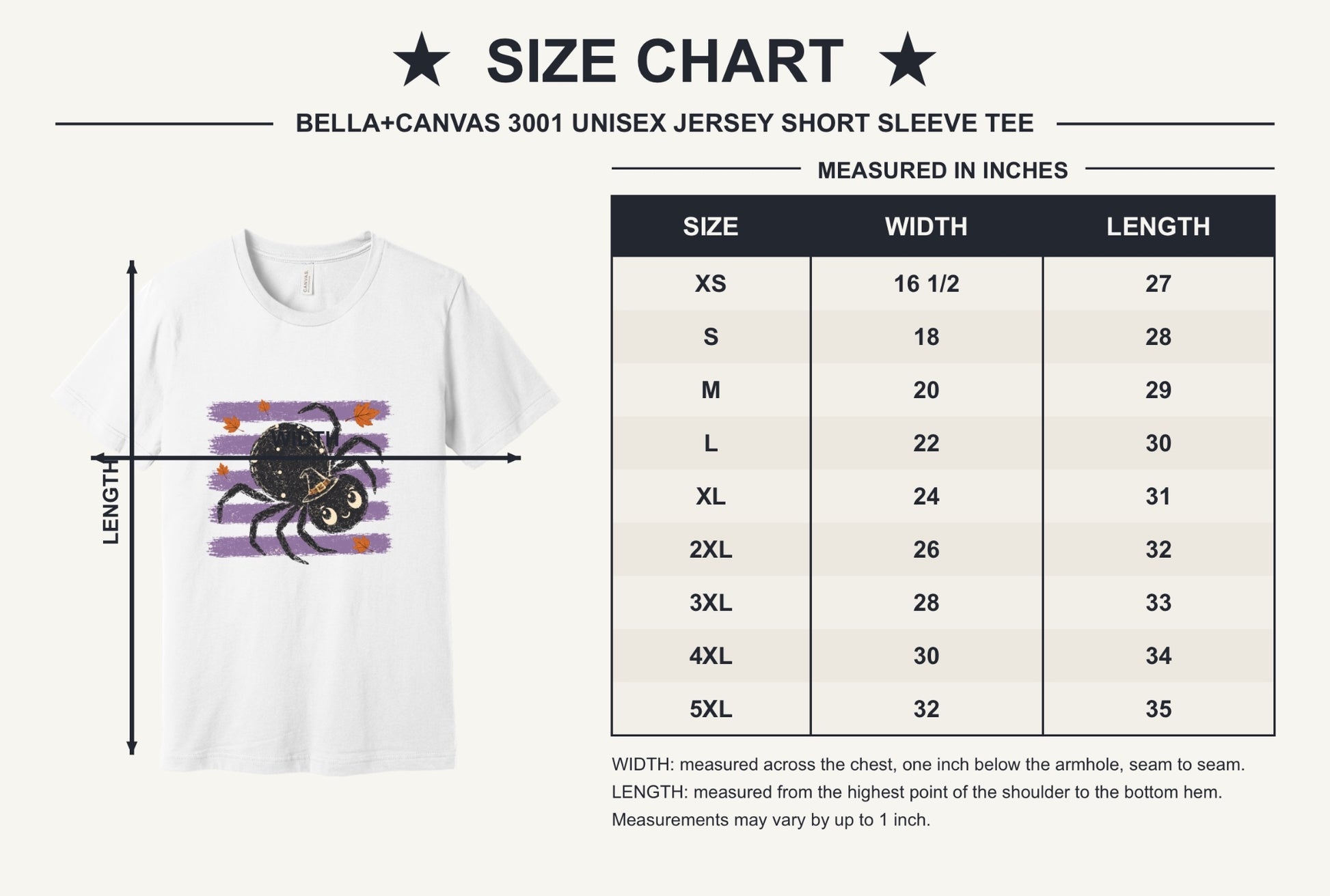 Cute black witch hat spider Halloween graphic printed on unisex short sleeve tee, purple stripe autumn leaves design - size chart