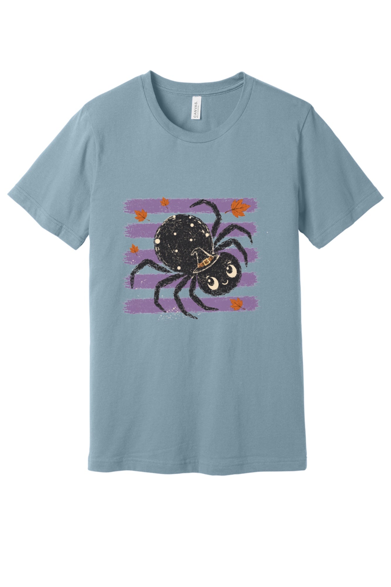 Cute black witch hat spider Halloween graphic printed on unisex short sleeve tee, purple stripe autumn leaves design in Vintage Denim