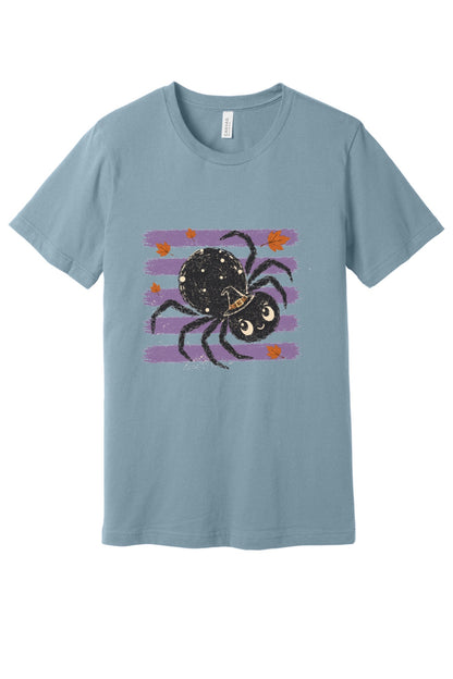 Cute black witch hat spider Halloween graphic printed on unisex short sleeve tee, purple stripe autumn leaves design in Vintage Denim