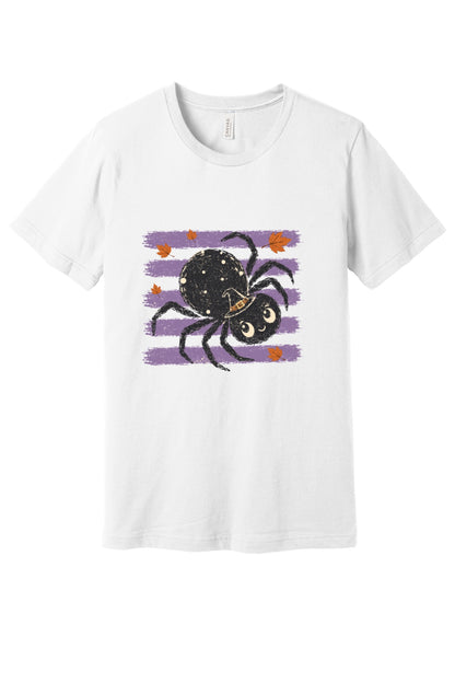 Cute black witch hat spider Halloween graphic printed on unisex short sleeve tee, purple stripe autumn leaves design in White