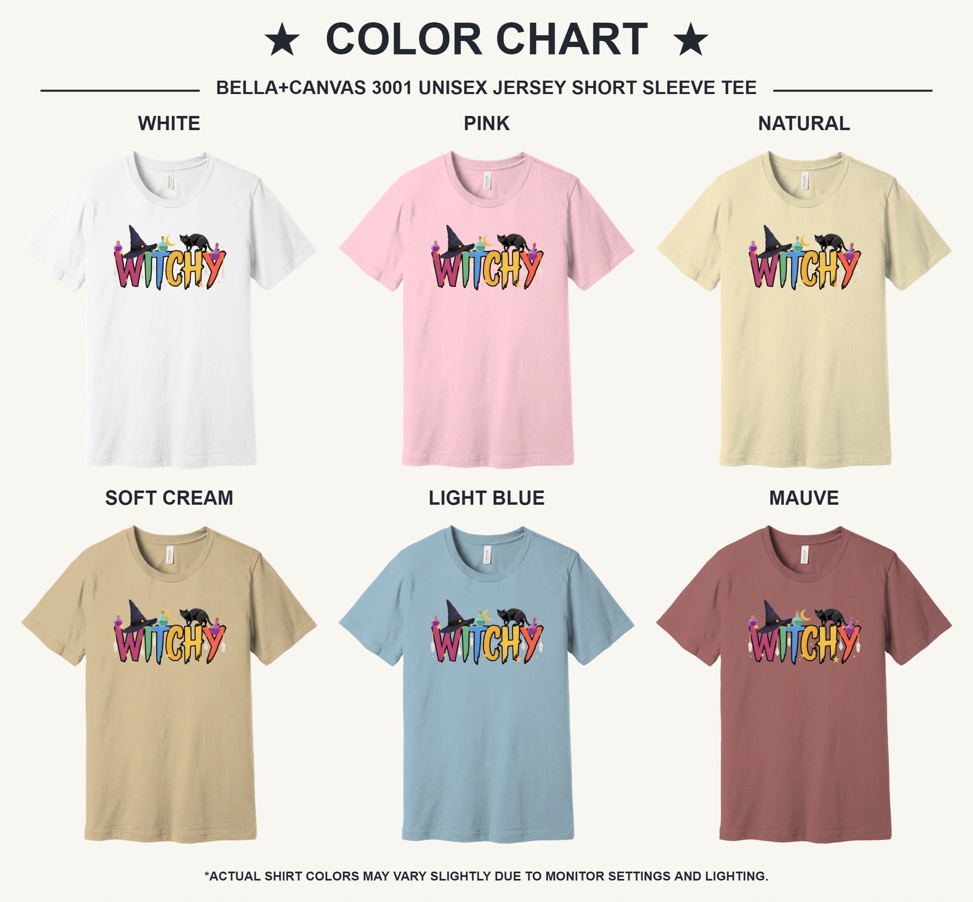 WITCHY graphic tee with black cat, witch hat and potion bottles on BELLA+CANVAS 3001 unisex shirt - available shirt colors chart