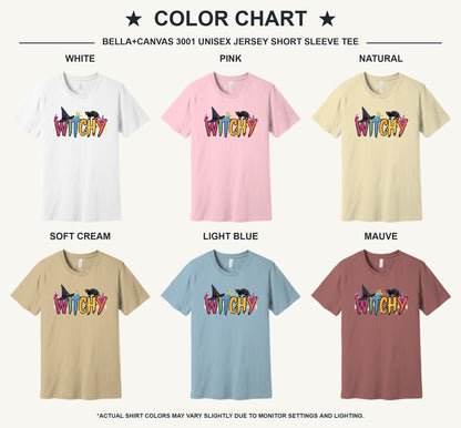 WITCHY graphic tee with black cat, witch hat and potion bottles on BELLA+CANVAS 3001 unisex shirt - available shirt colors chart