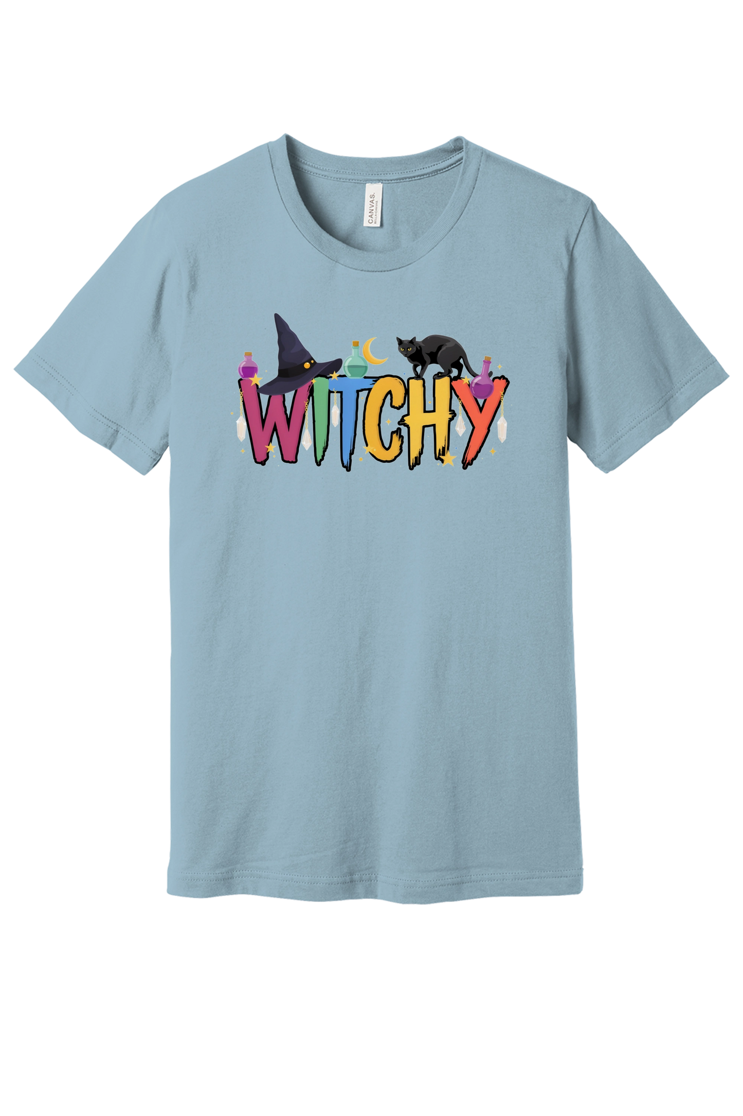 WITCHY graphic tee with black cat, witch hat and potion bottles on BELLA+CANVAS 3001 unisex shirt in Light Blue