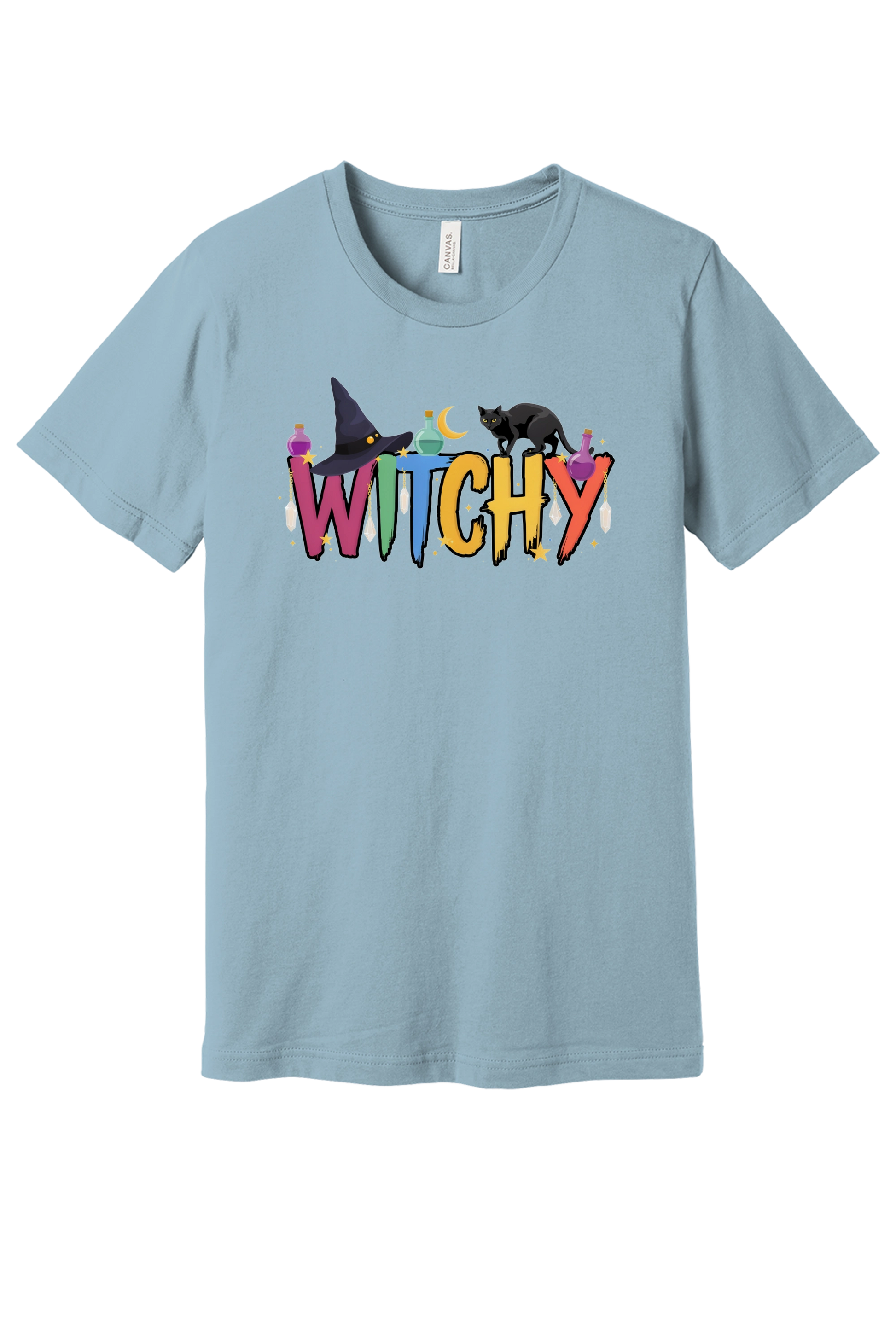 WITCHY graphic tee with black cat, witch hat and potion bottles on BELLA+CANVAS 3001 unisex shirt in Light Blue
