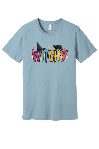 WITCHY graphic tee with black cat, witch hat and potion bottles on BELLA+CANVAS 3001 unisex shirt in Light Blue