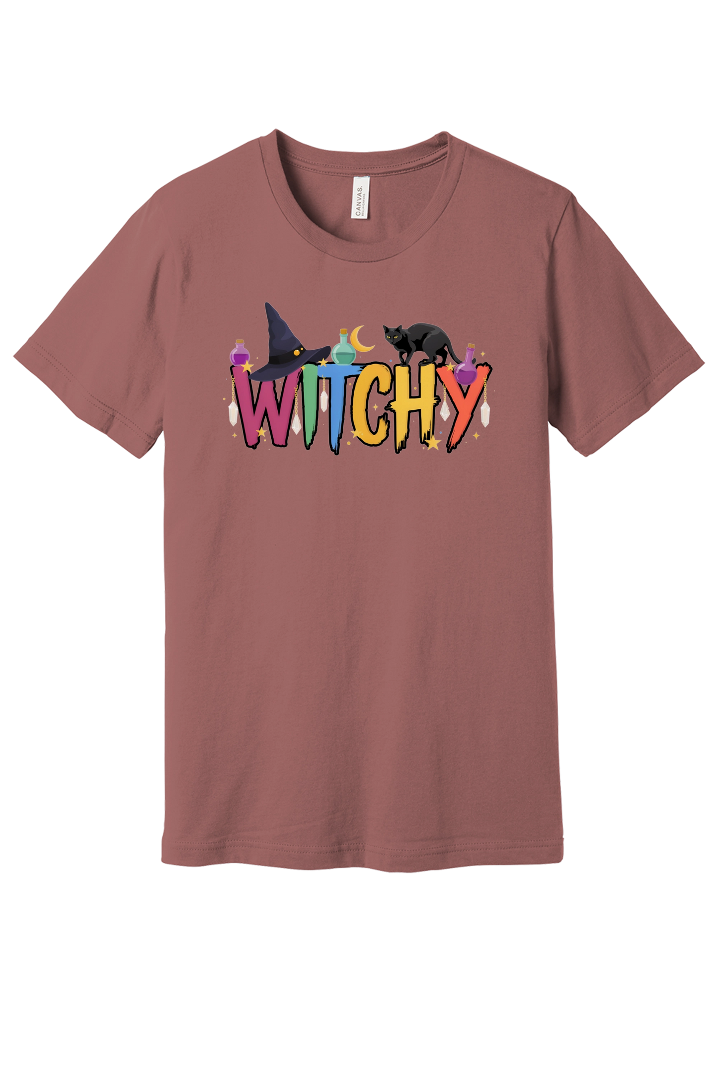WITCHY graphic tee with black cat, witch hat and potion bottles on BELLA+CANVAS 3001 unisex shirt in Mauve